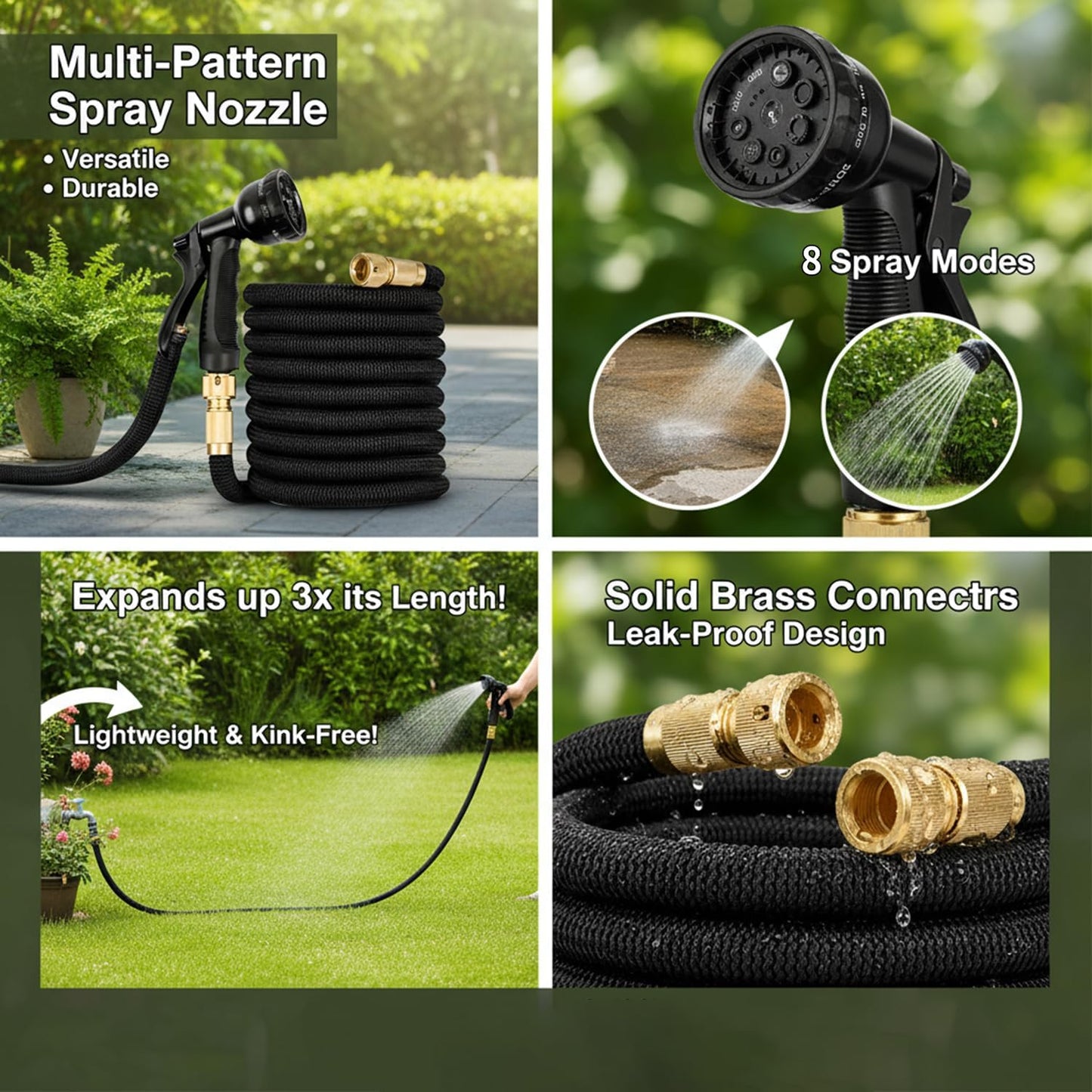 Garden Hose, 100/75/50ft Expandable Garden Hose,Lightweight Hose with 8Function Nozzle, Leak-Proof, No-Knot, Easy to Carry, Wear-Resistant, Sturdy, Flexible,Garden, Outdoor (Black, 50FT)