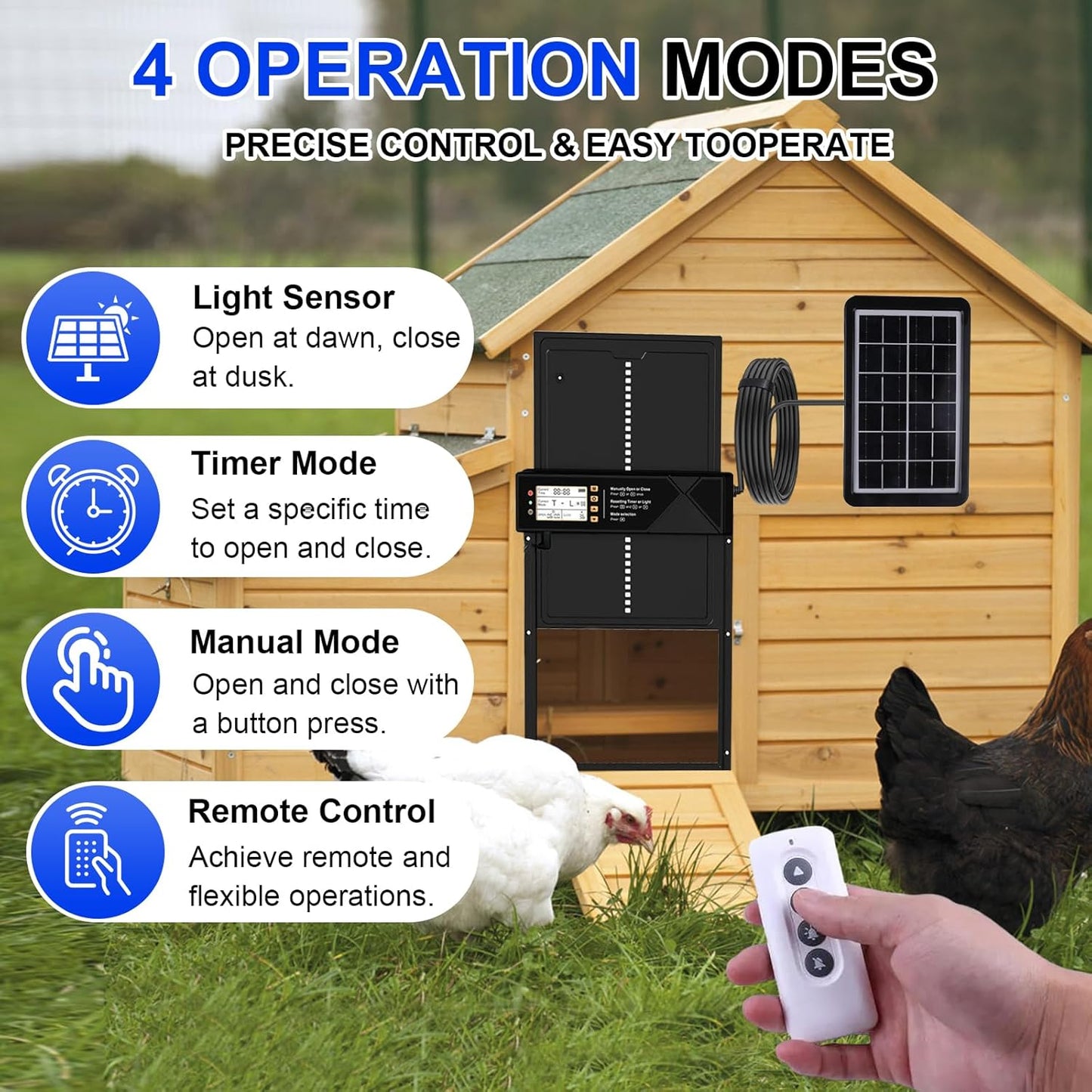 Automatic Chicken Coop Door Solar Powered & USB Charging, Solar Chicken Coop Door 4 Modes with Timer&Light Sensor, Remote, LED Screen, Aluminum Alloy Waterproof
