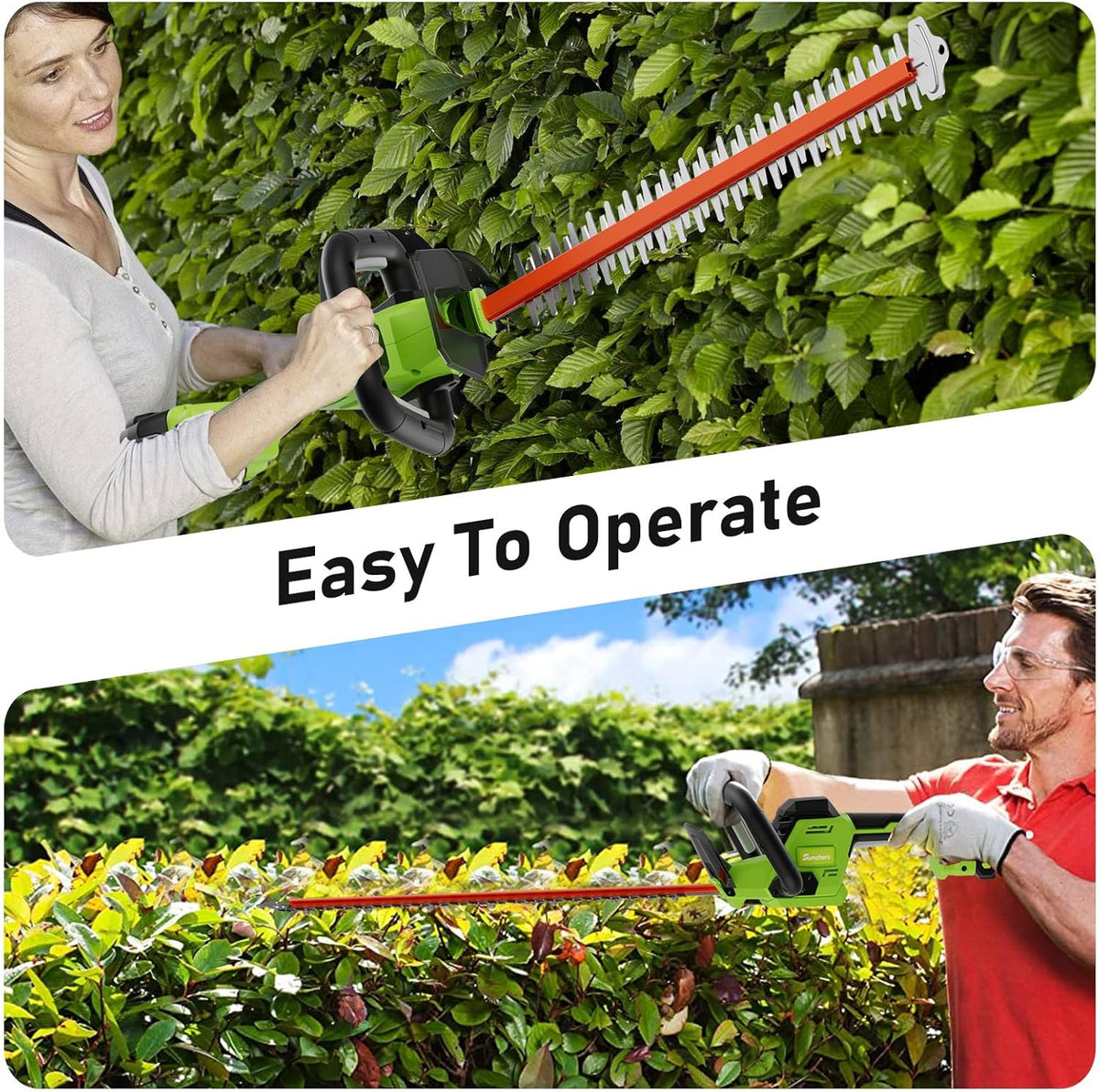 SUNCHERS 20V Cordless Hedge Trimmer Garden Tools with 2 Batteries and Charger, 550mm Blade Length, Electric Hedge Shear Bush Trimming, Grass Shrub Pruner Cutter Mover for Yard, Lawn