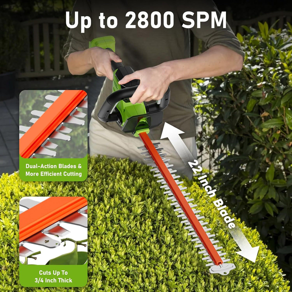 SUNCHERS 20V Cordless Hedge Trimmer Garden Tools with 2 Batteries and Charger, 550mm Blade Length, Electric Hedge Shear Bush Trimming, Grass Shrub Pruner Cutter Mover for Yard, Lawn