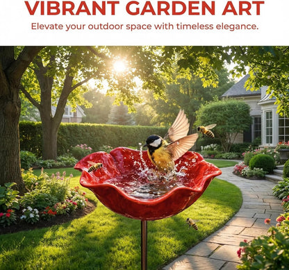 Handmade Metal Flower Garden Stake, Dual-Function Metal Flower Bird Bath & Pollinator Water Station, Ground Plug Design, Red Birdbath Bowl for Yard Lawn Patio Landscape Decor (1Pcs)