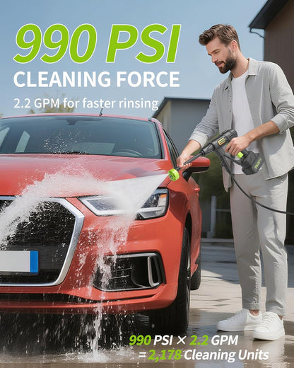 Cordless Pressure Washer Battery Powered; 990 PSI Cordless Power Washer with 4.0Ah Battery&Charger & 6-in-1 Nozzle; Portable Power Washer Cordless for Home; Battery Pressure Washer for Car Wash