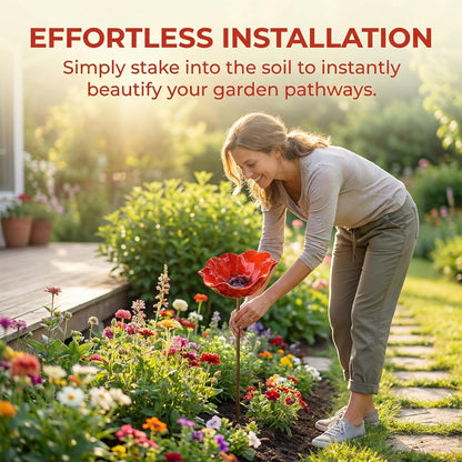 Handmade Metal Flower Garden Stake, Dual-Function Metal Flower Bird Bath & Pollinator Water Station, Ground Plug Design, Red Birdbath Bowl for Yard Lawn Patio Landscape Decor (1Pcs)
