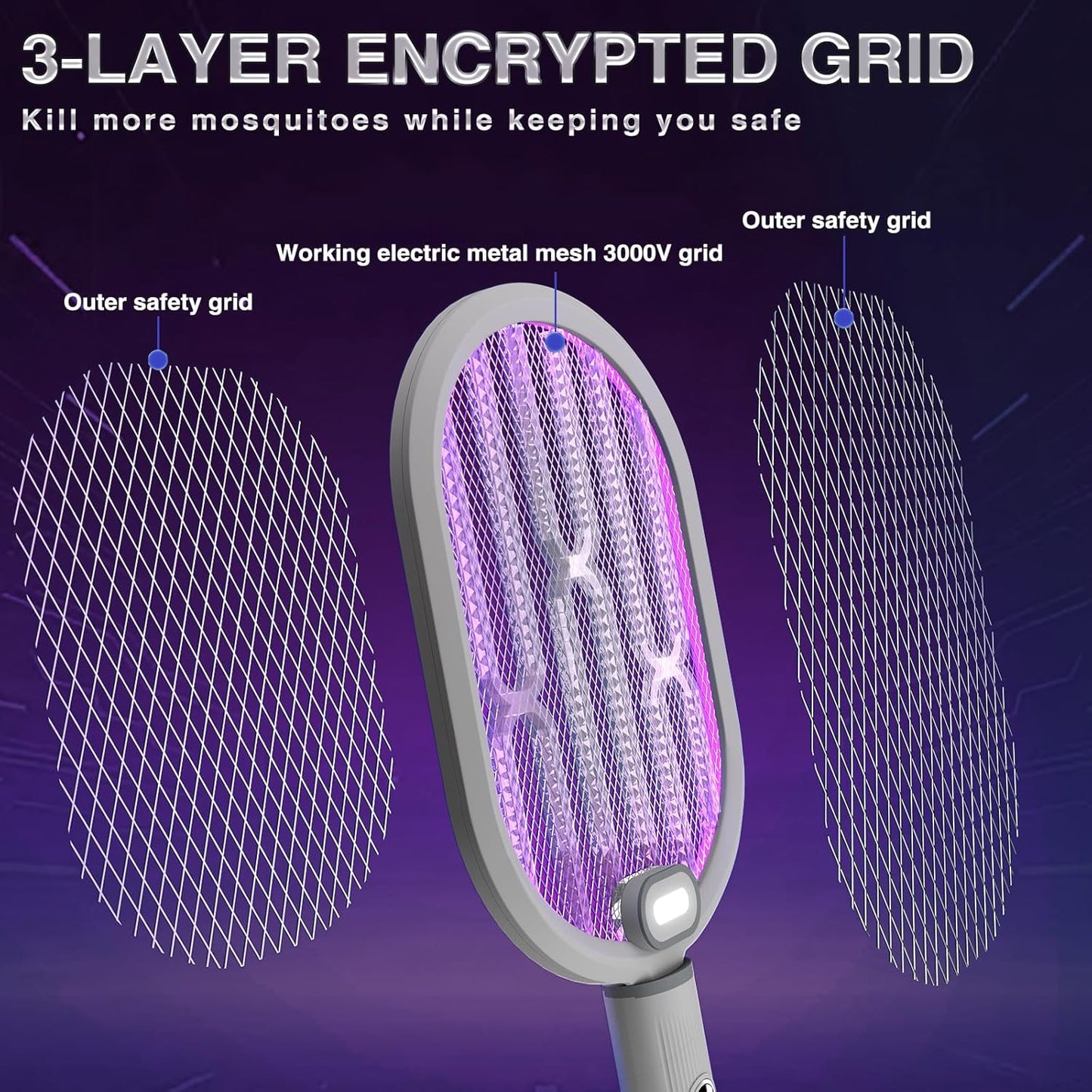Electric Fly Swatter & Bug Zapper Racket, 3000V Mosquito Killer, 2-in-1 with UV Lamp Mode, USB Rechargeable, Indoor Outdoor Fly Killer