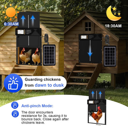 Automatic Chicken Coop Door Solar Powered & USB Charging, Solar Chicken Coop Door 4 Modes with Timer&Light Sensor, Remote, LED Screen, Aluminum Alloy Waterproof