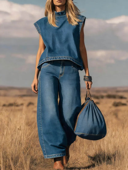 Women Denim Two Piece Set – Sleeveless Stand Collar Top Wide Leg Pants