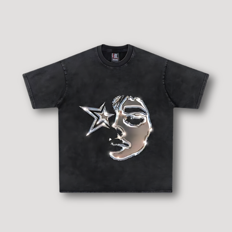 Black Washed Metallic Half Face Star Graphic T Shirt