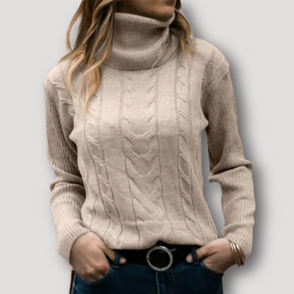 Ribbed Sleeve Cable Knit Turtleneck Sweater for Women