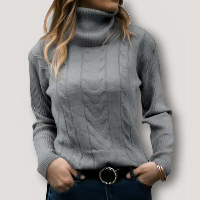 Ribbed Sleeve Cable Knit Turtleneck Sweater for Women