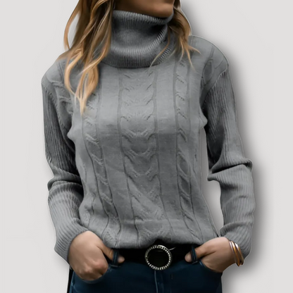 Ribbed Sleeve Cable Knit Turtleneck Sweater for Women