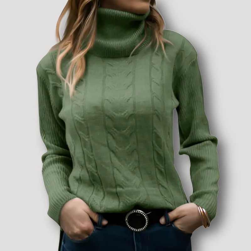 Ribbed Sleeve Cable Knit Turtleneck Sweater for Women