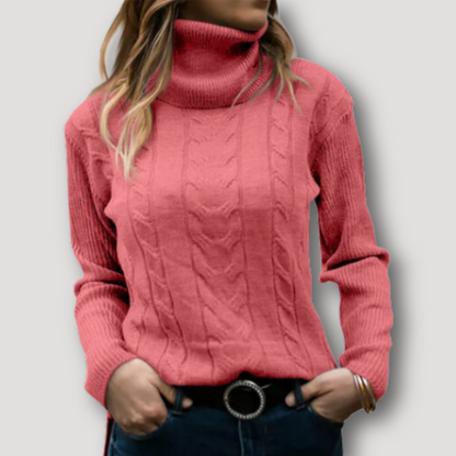 Ribbed Sleeve Cable Knit Turtleneck Sweater for Women