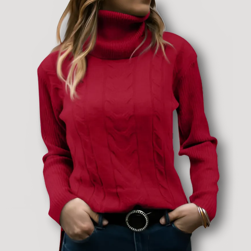 Ribbed Sleeve Cable Knit Turtleneck Sweater for Women