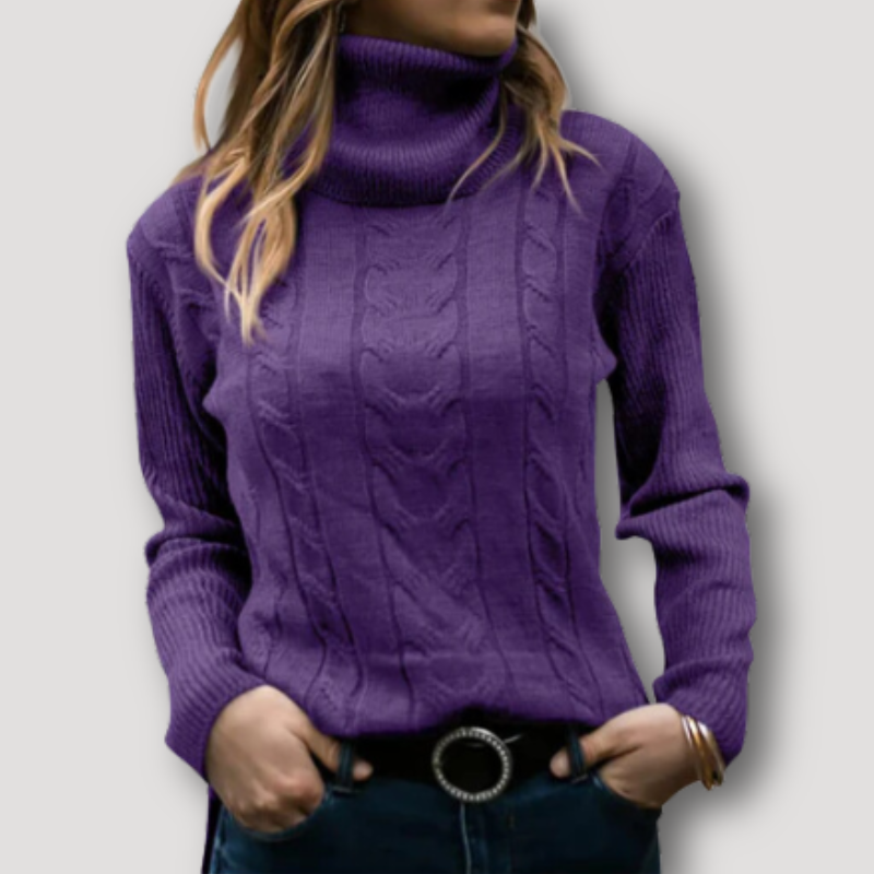 Ribbed Sleeve Cable Knit Turtleneck Sweater for Women