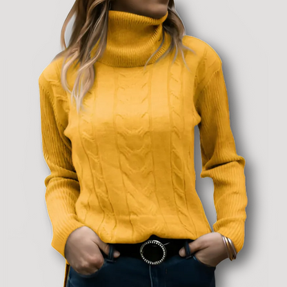 Ribbed Sleeve Cable Knit Turtleneck Sweater for Women