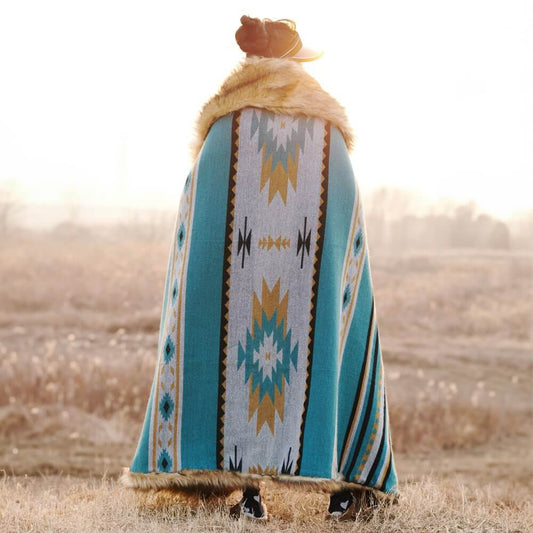 Aztec Faux Fur Blanket - Turquoise & Gold | Cozy Throw