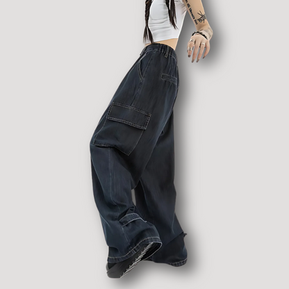 High-Waisted Wide Leg Black Washed Cargo Pants Women Jeans