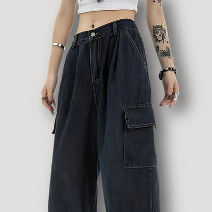 High-Waisted Wide Leg Black Washed Cargo Pants Women Jeans