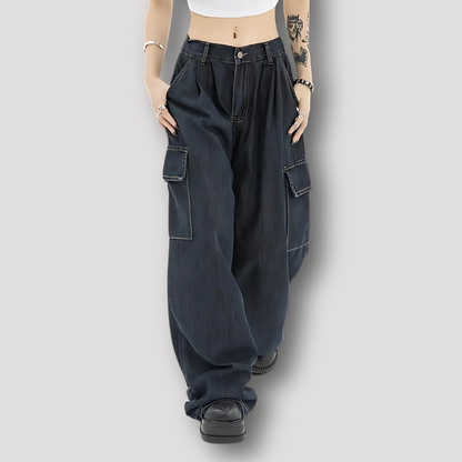 High-Waisted Wide Leg Black Washed Cargo Pants Women Jeans