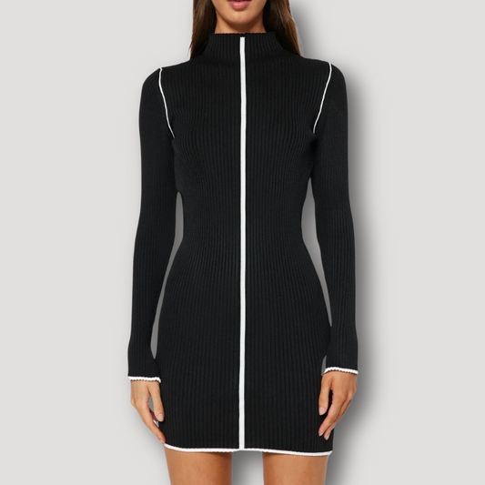 Ribbed Knitwear White Stripe Long Sleeve Black Bodycon Dress