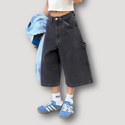 Hip hop Wide Leg Long Black Denim Shorts for Women