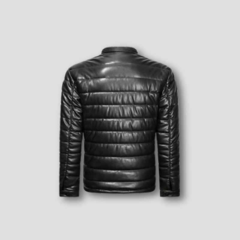 Full Zip Leather Black Puffer Jacket