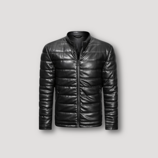 Full Zip Leather Black Puffer Jacket