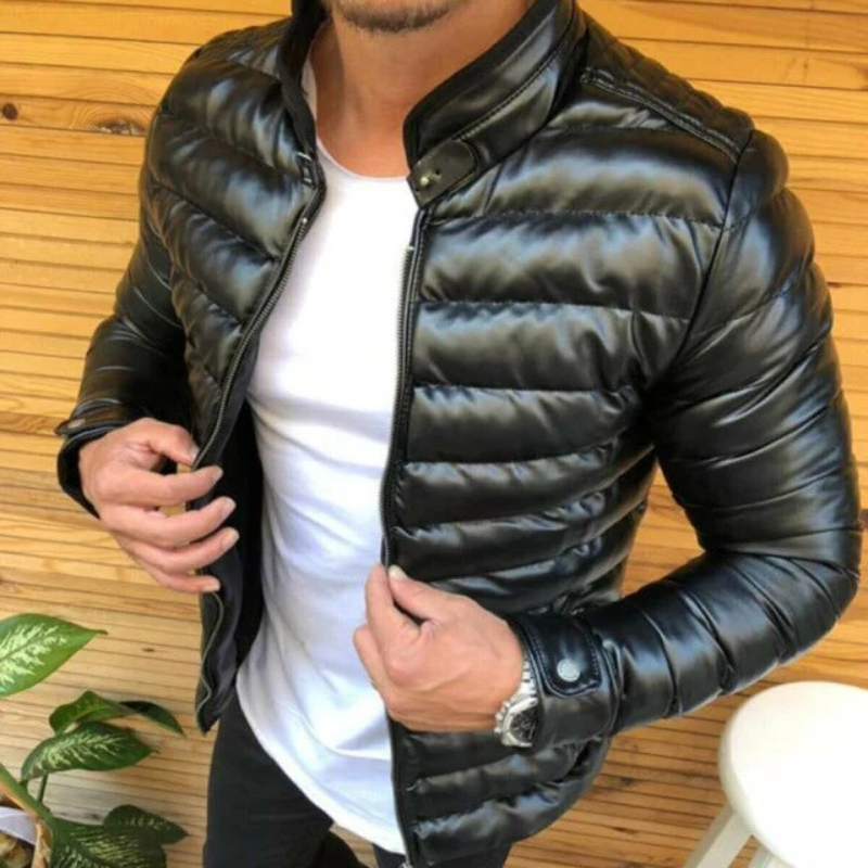 Full Zip Leather Black Puffer Jacket