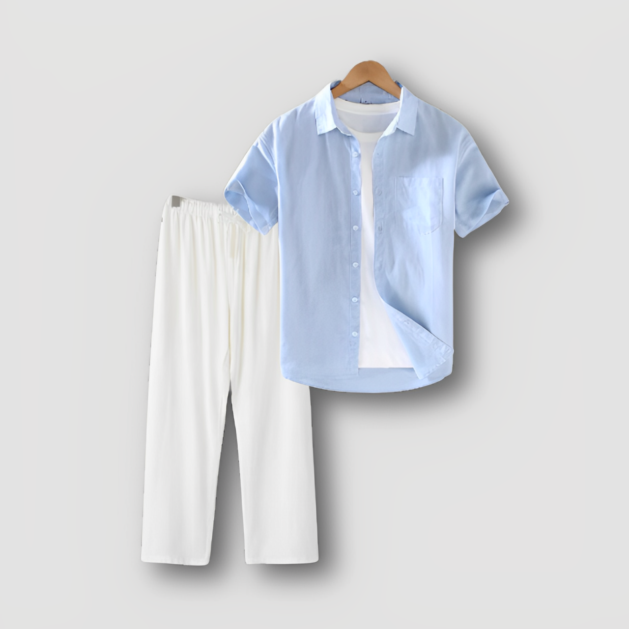 Button Up Short Sleeve Blue Shirt and Pants Set