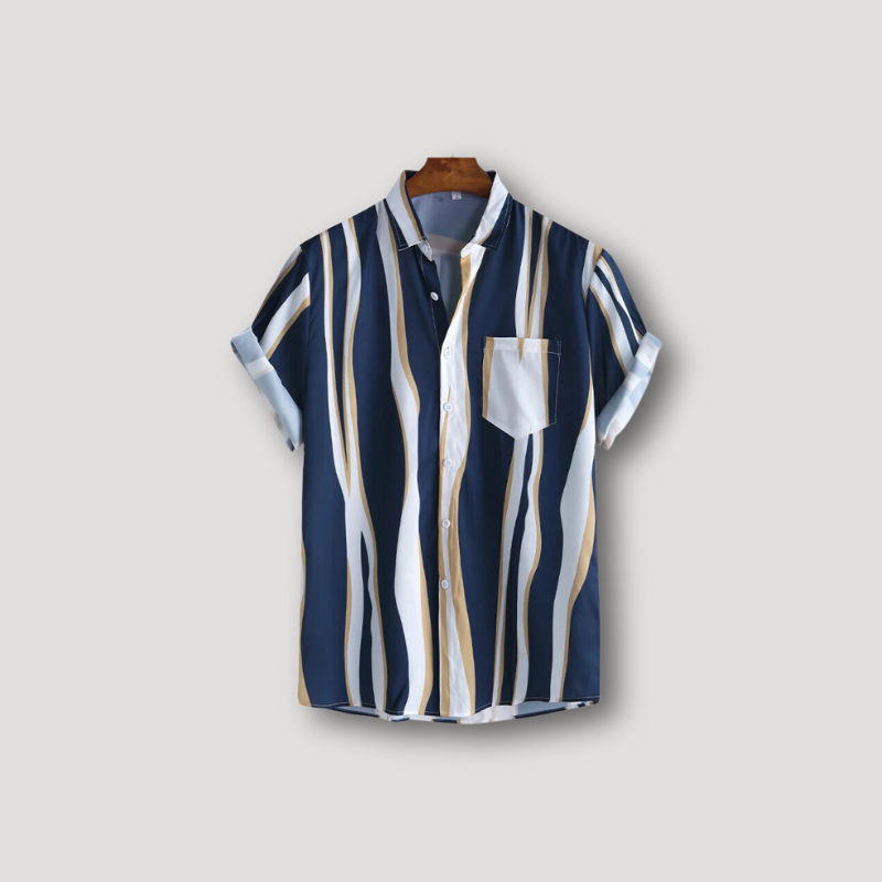 Wave Navy Striped Button Up Shirt Short Sleeve