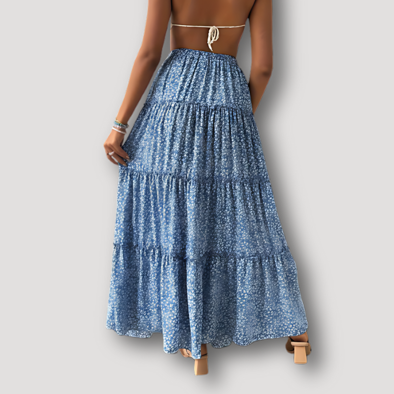 Floral Print Elastic High Waist Pleated Ruffle Blue Long Skirts for Women