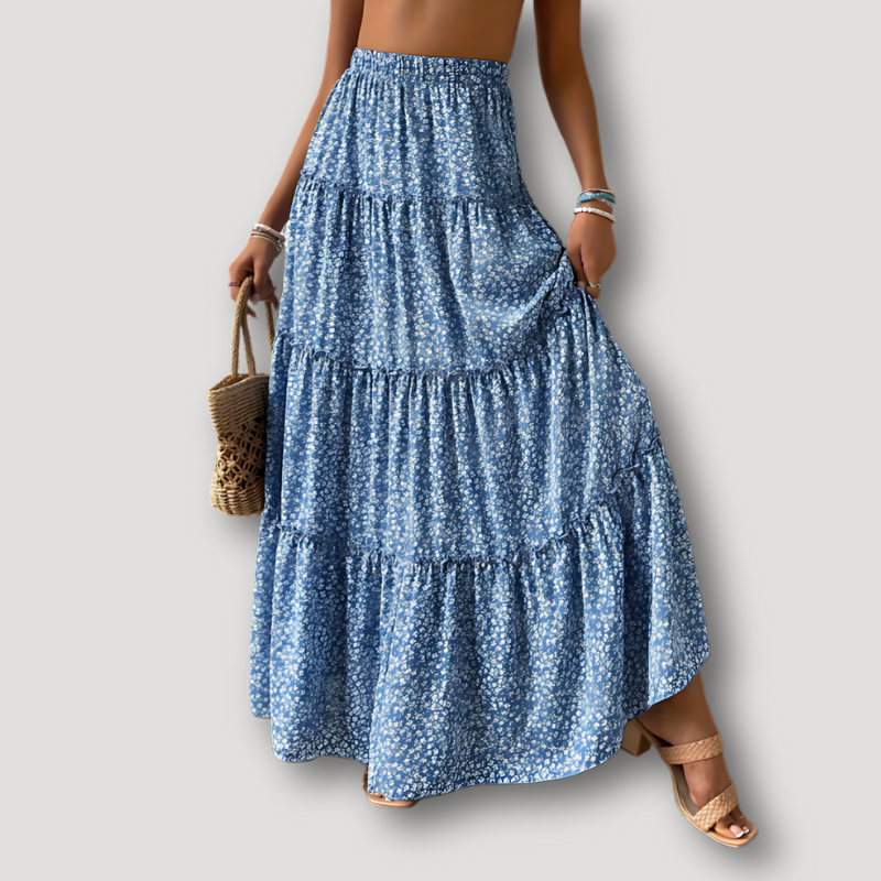 Floral Print Elastic High Waist Pleated Ruffle Blue Long Skirts for Women