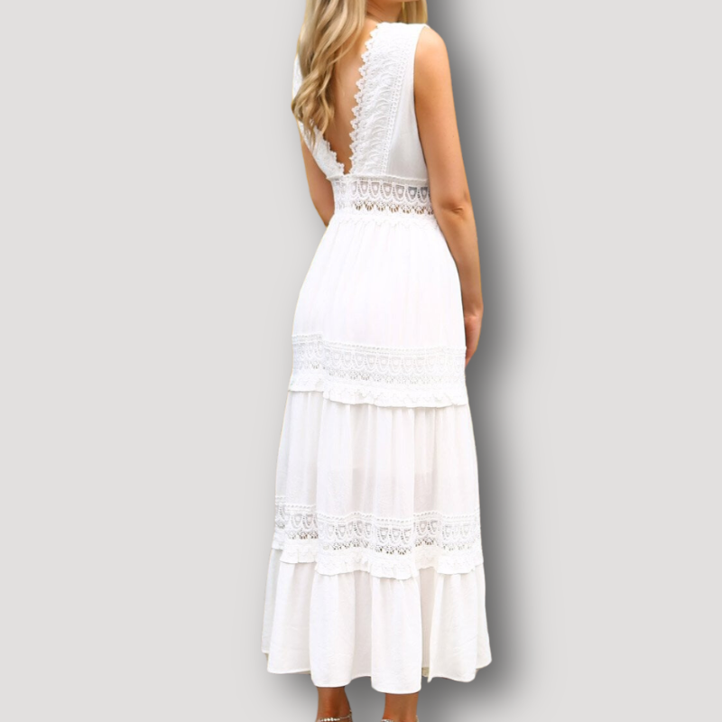 Tiered Lace V-Neck Boho Style Maxi White Dress Australia