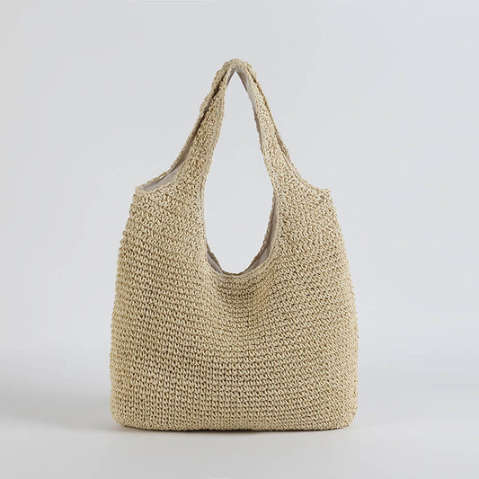 Boho Summer Leather Bag - Straw Material - Zipper Type