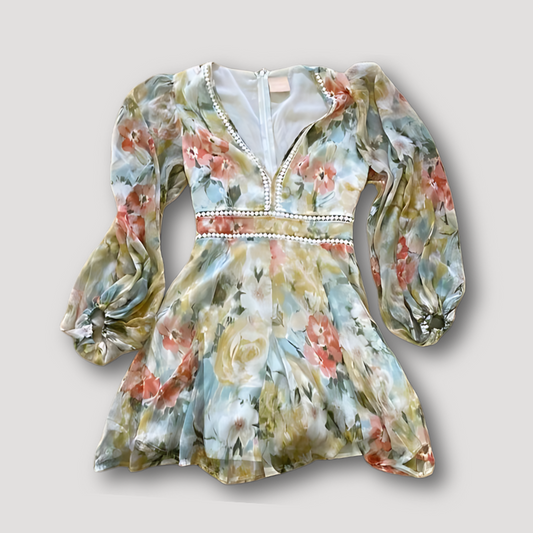 Summer Long Sleeve Boho Floral Dress Mini