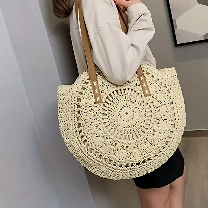 Round Braided Straw Raffia Boho Style Handbag Tote Bag