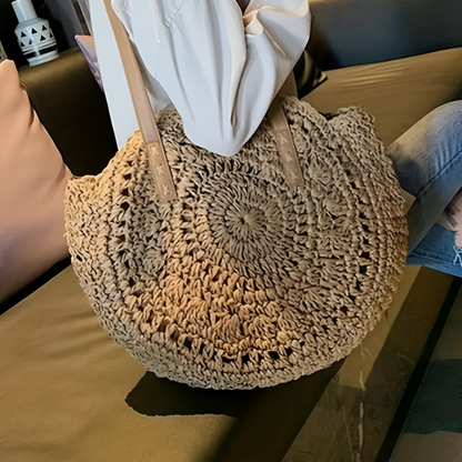 Round Braided Straw Raffia Boho Style Handbag Tote Bag