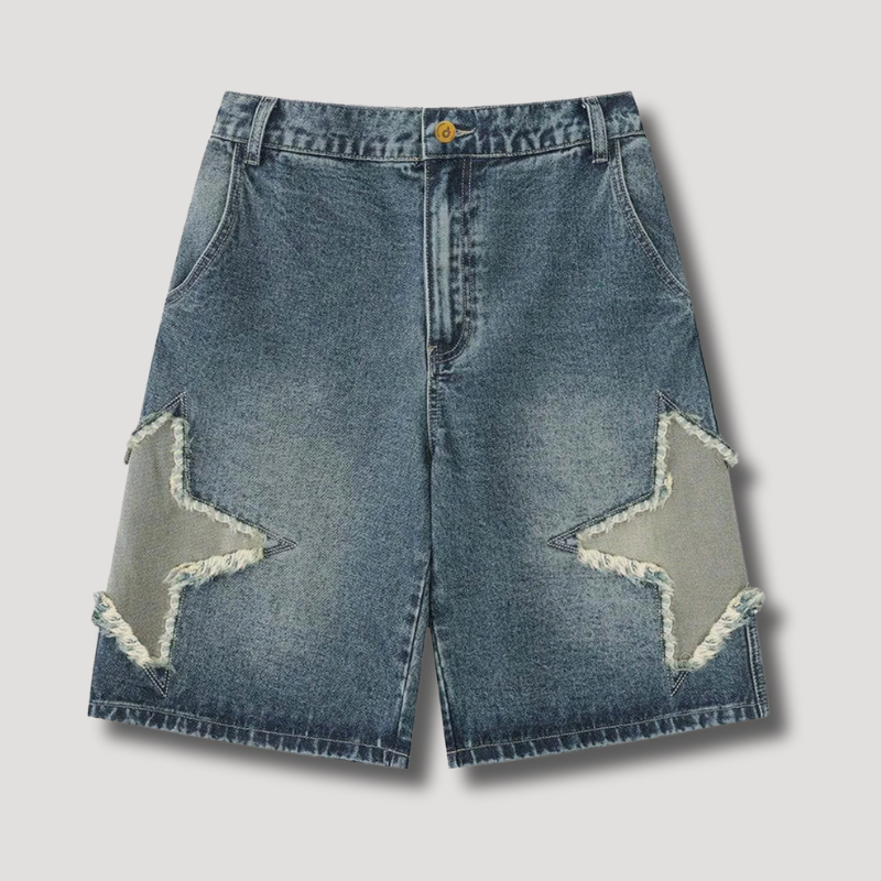 Retro Star Patchwork Denim Shorts