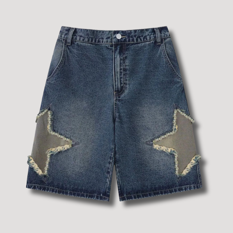 Retro Star Patchwork Denim Shorts