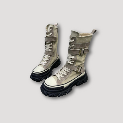 Women's Canvas Military Combat Boots Chunky Shoes Platform