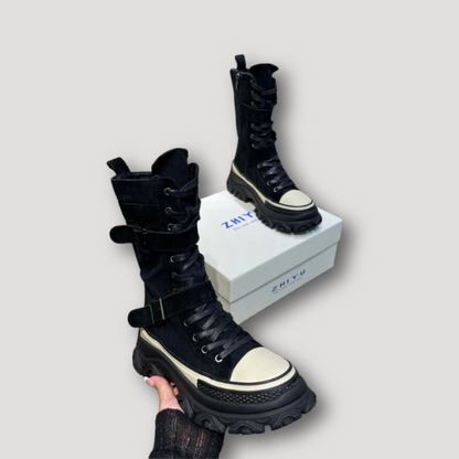 Women's Canvas Military Combat Boots Chunky Shoes Platform