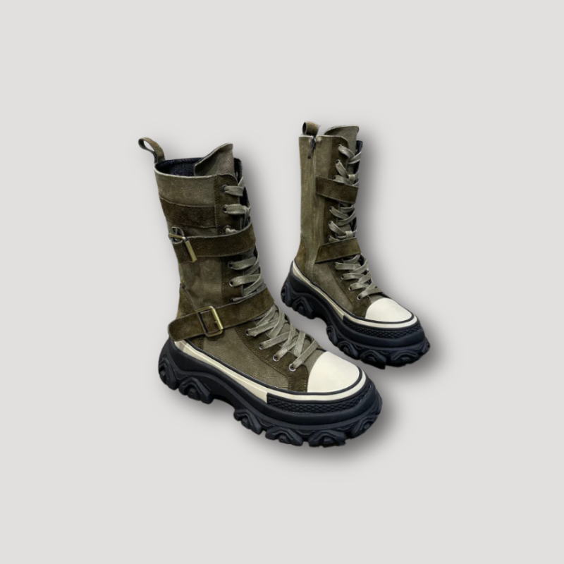 Women's Canvas Military Combat Boots Chunky Shoes Platform