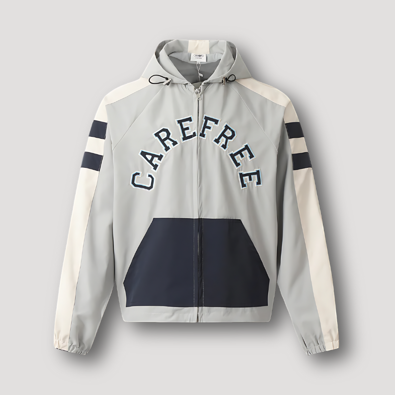 CAREFREE Embroidery Letters Color Blocked Zip Up Hoodie