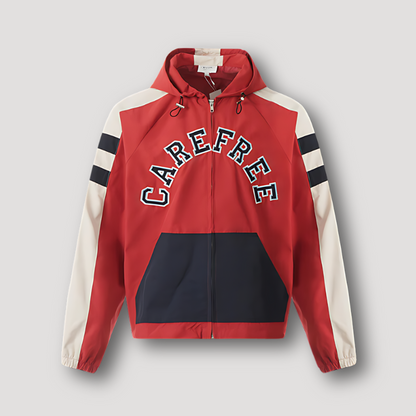 CAREFREE Embroidery Letters Color Blocked Zip Up Hoodie