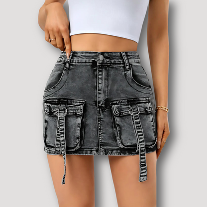 Vintage Buckle Straps Pocket Cargo Mini Denim Skirt