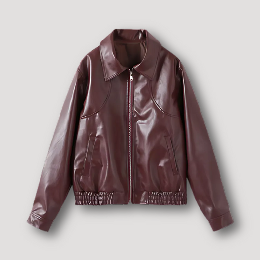 Glossy Burgundy Faux Leather Ladies Bomber Jacket Australia