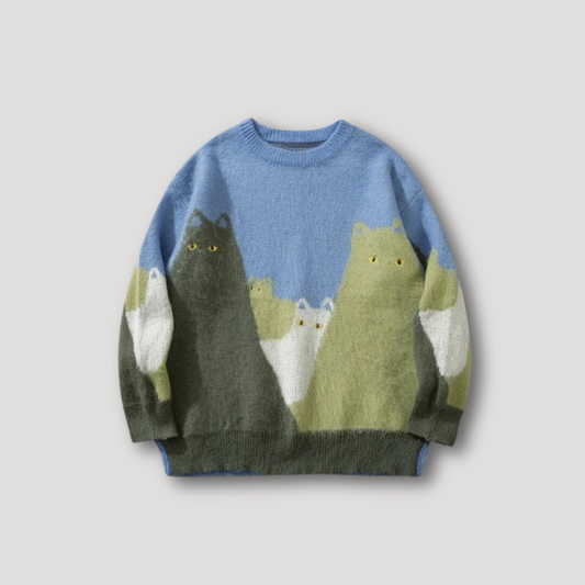 Cat Embroidered Knitted Sweater Oversized