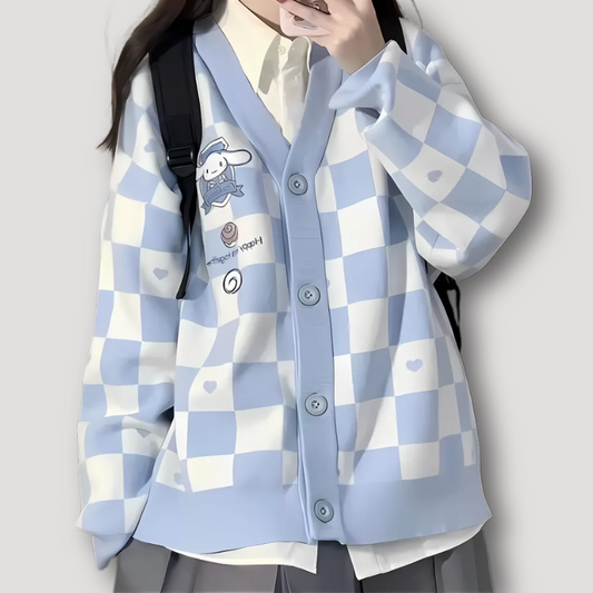 Cartoon Embroidery Cardigan for Women White Blue Check