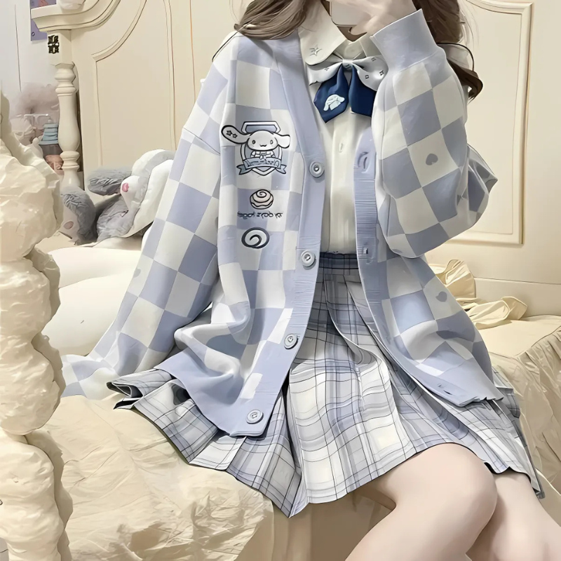 Cartoon Embroidery Cardigan for Women White Blue Check