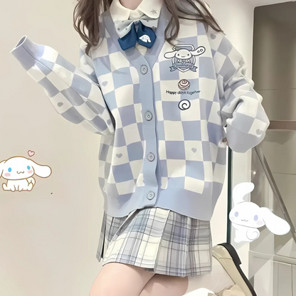 Cartoon Embroidery Cardigan for Women White Blue Check